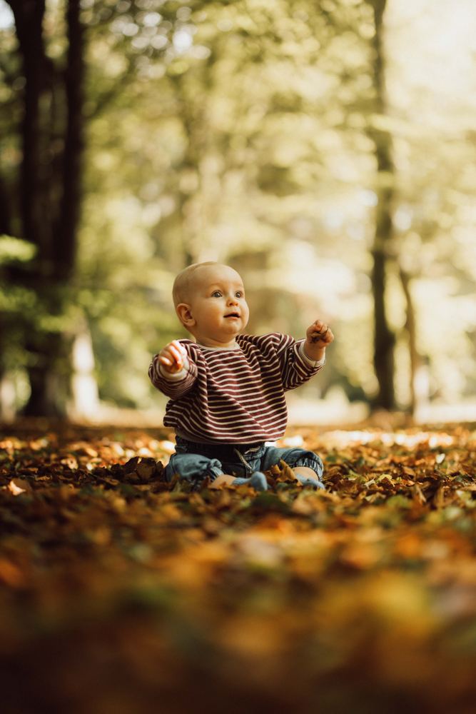 Baby tussen de herfstbladeren