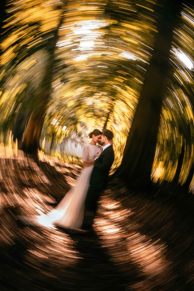 Bruidspaar kust in het bos, met draaiende beweging